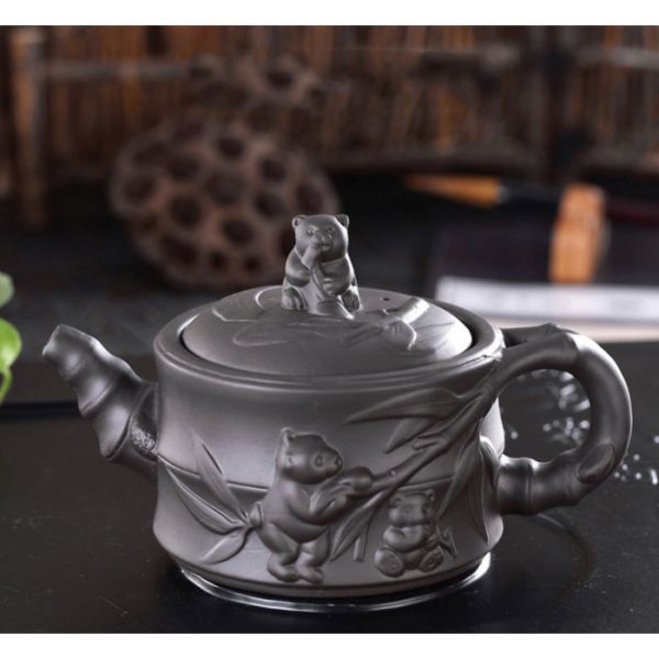 Чайник "Бамбуковая Панда" глиняный чёрный 350 мл.