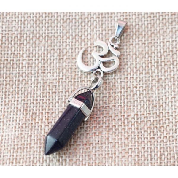 Кулон белый металл "Ом" вставка Синий авантюрин