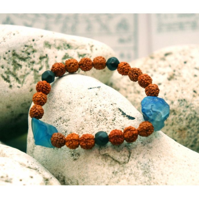 Браслет Рудракша + Сколи Блакитний Агат