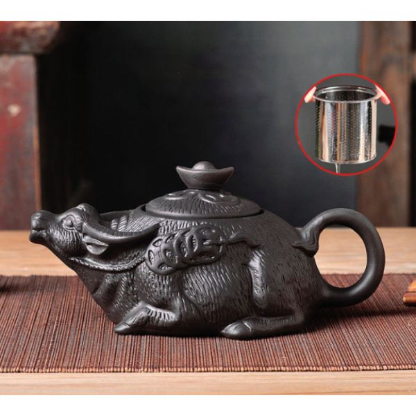 Чайник глиняний з ситом "Лінивий Бик" чорний 400 мл.