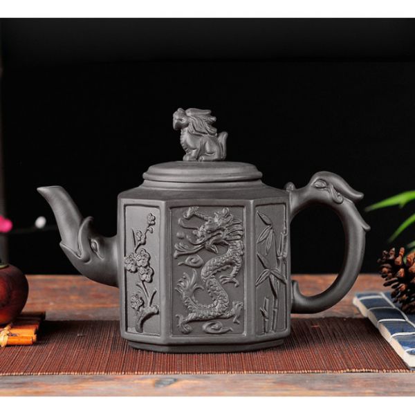 Чайник "Восьмиугольный дракон" чёрный глиняный 800 мл.