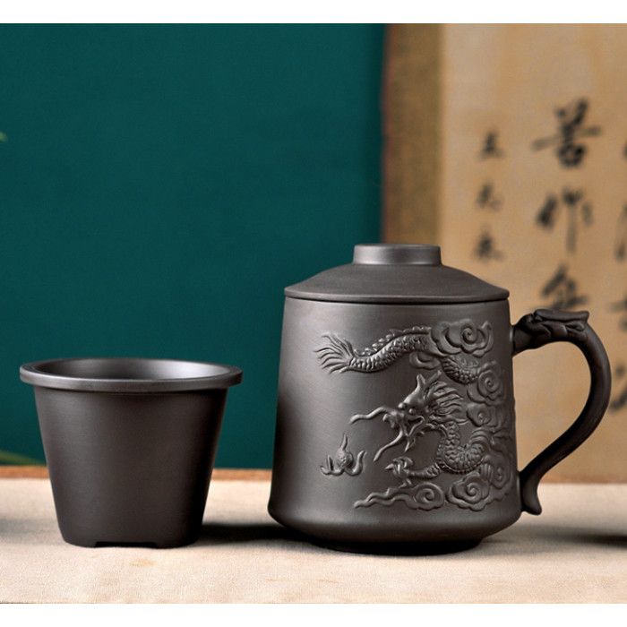 Чашка "Небесний дракон" із ситом глиняна чорна 500 мл.