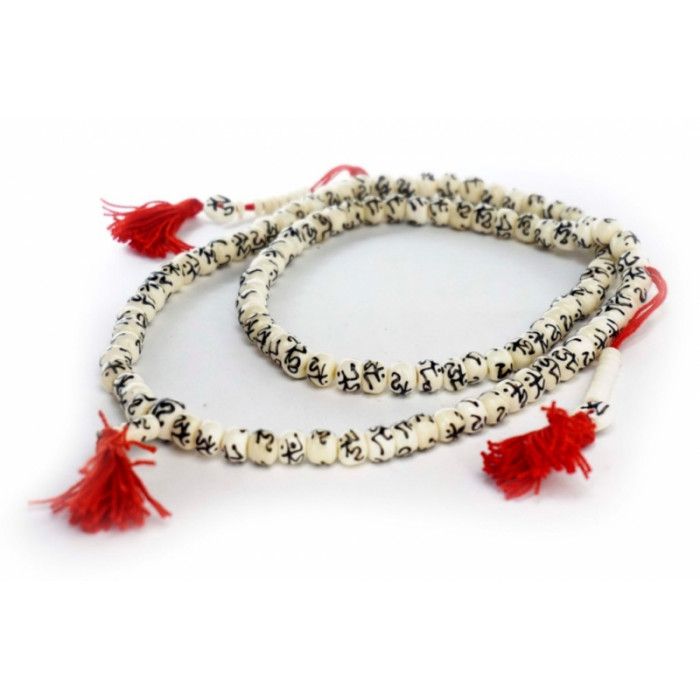 Чотки з кістки ОМ Санскрит білі + чорний малюнок 8 мм.