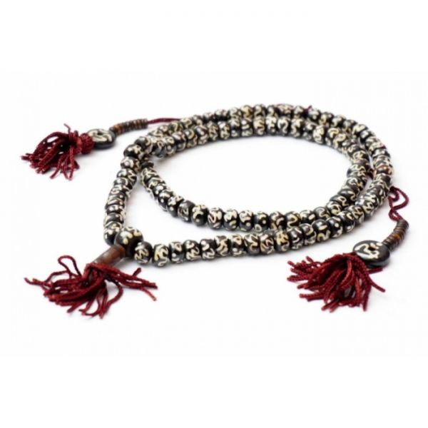 Чотки з кістки ОМ Санскрит чорні + білий малюнок 8 мм. №2