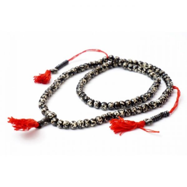 Чотки з кістки ОМ Санскрит чорні + білий малюнок 8 мм.