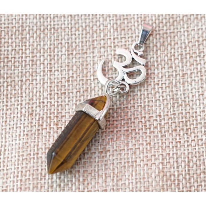 Кулон білий метал "Ом" вставка Тигрове око