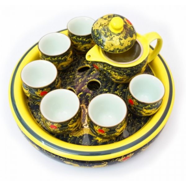 Набор чайный с чайным столиком Жёлтые Драконы на чёрном