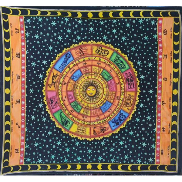 Покривало двоспальне індійське бавовна тонке "Астрологія" Кольорове 210*240