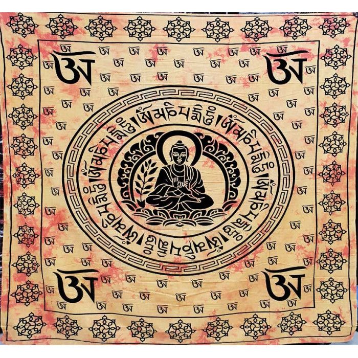 Покрывало двуспальное индийское хлопок тонкое "Будда Санскрит" Жёлтое 210*240